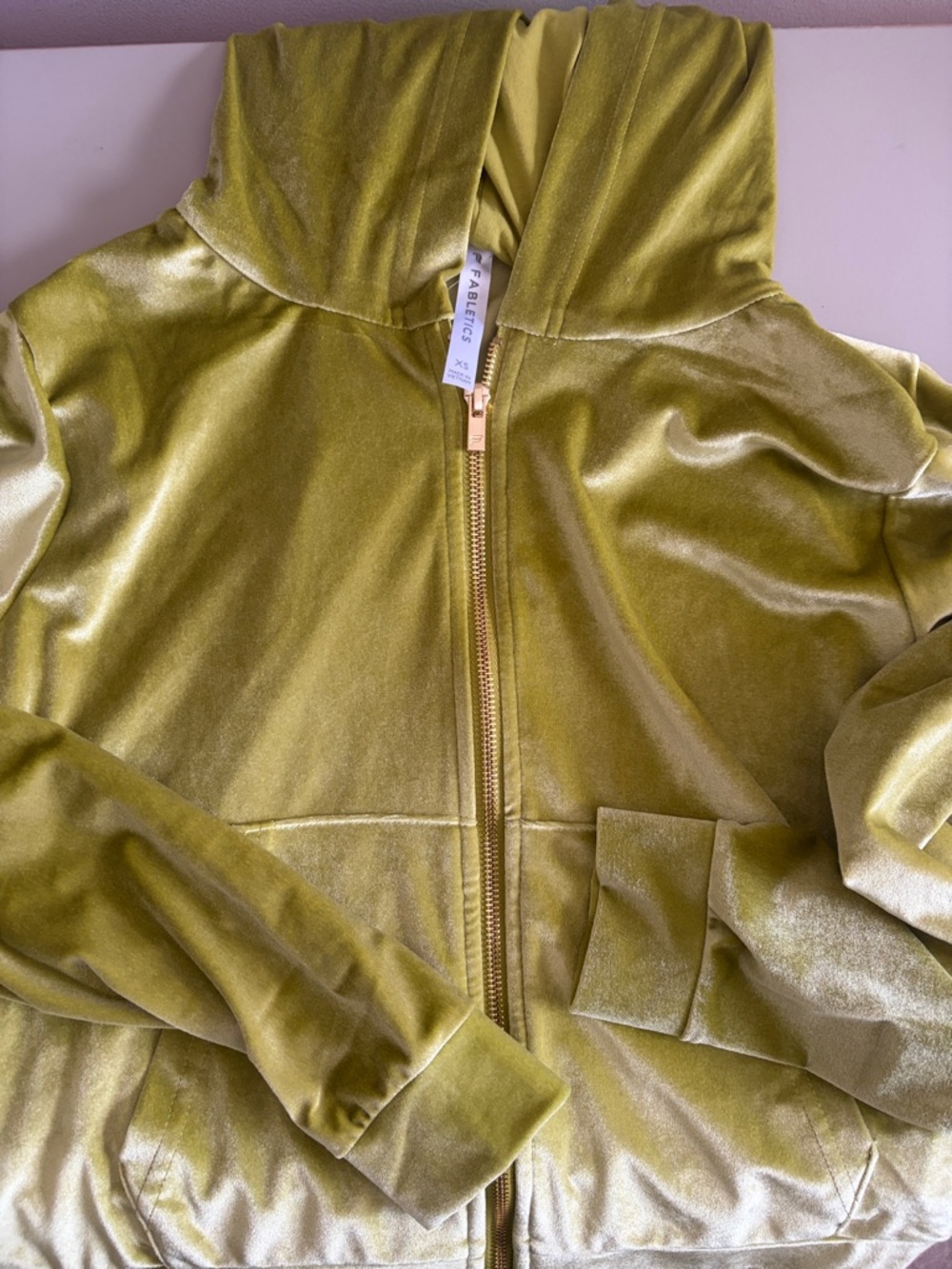 Fabletics Olive Velvet Zip Hoodie with Gold Zipper